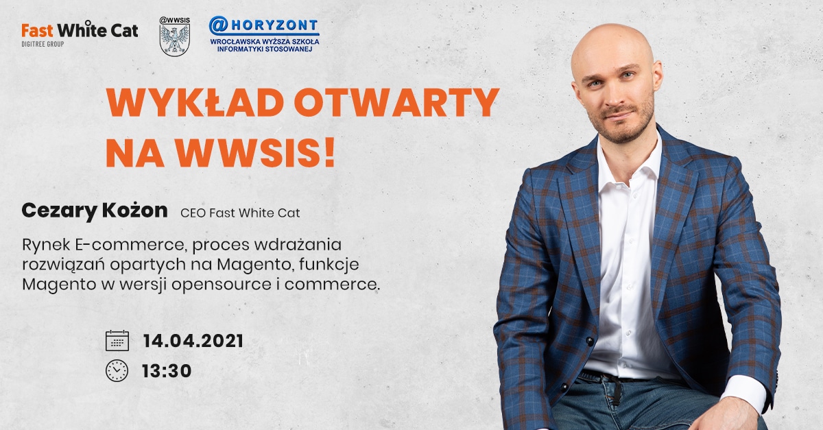 Plakat informujący o wykładzie online Fast White Cat